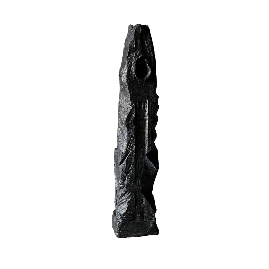 Black stoneware sculpture, Chronolith 08, tall irregular vertical form with incised geometric marks, and a pseudo-spout opening near the top.