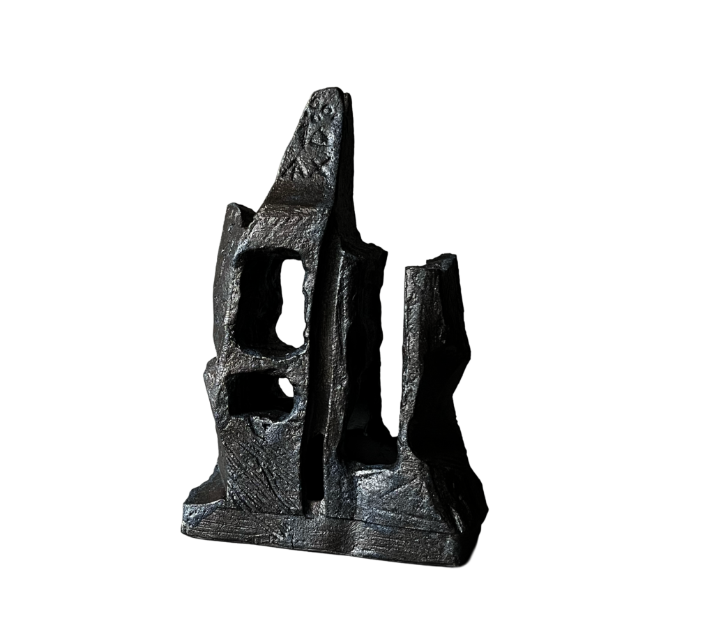 Black stoneware sculpture, Chronolith 06, short form with incised geometric marks, and broken stone and voids.